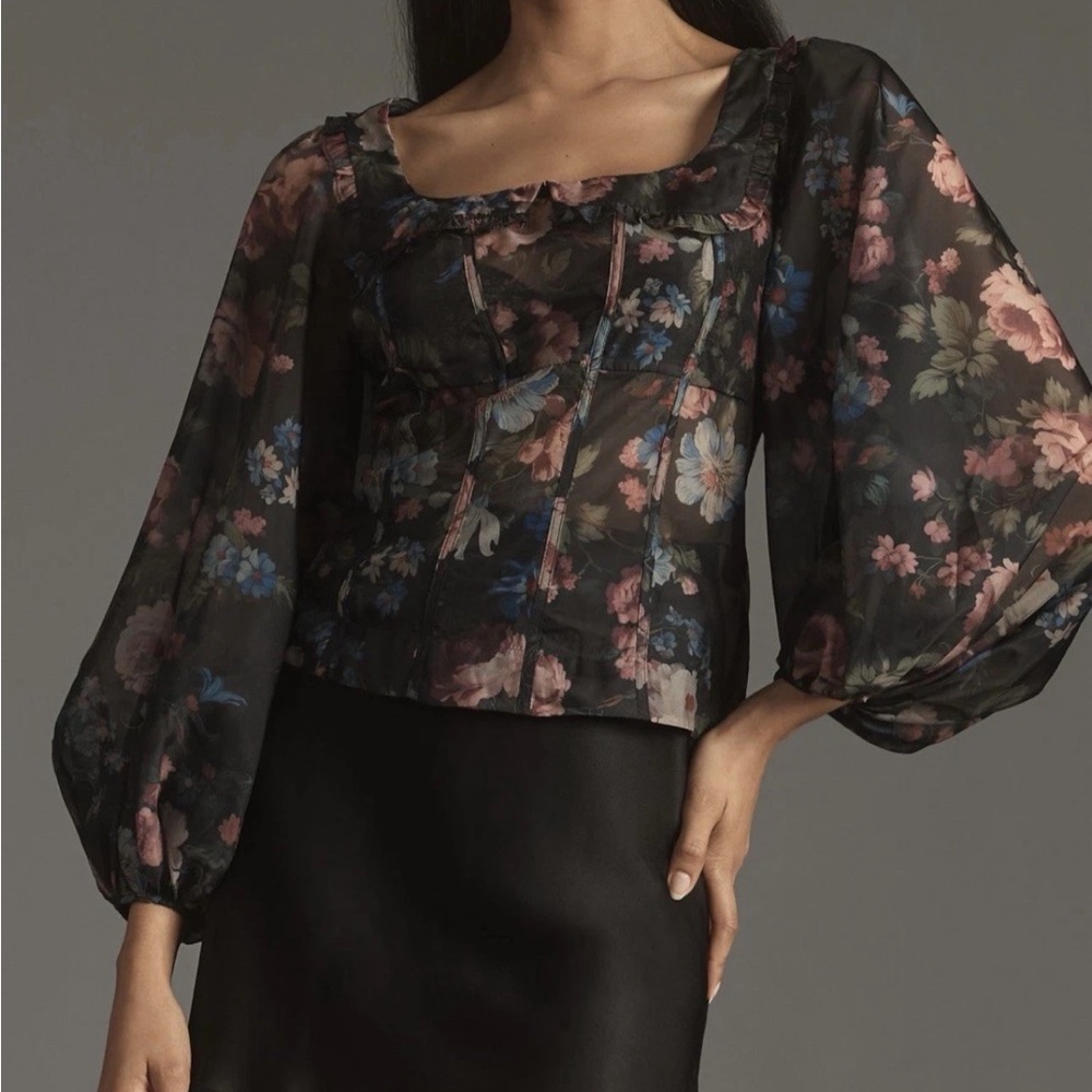 Anthropologie Black Floral‎ Sheer Blouse size medium